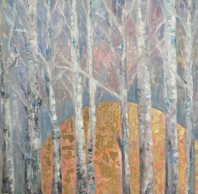 Sunrise in birch forest