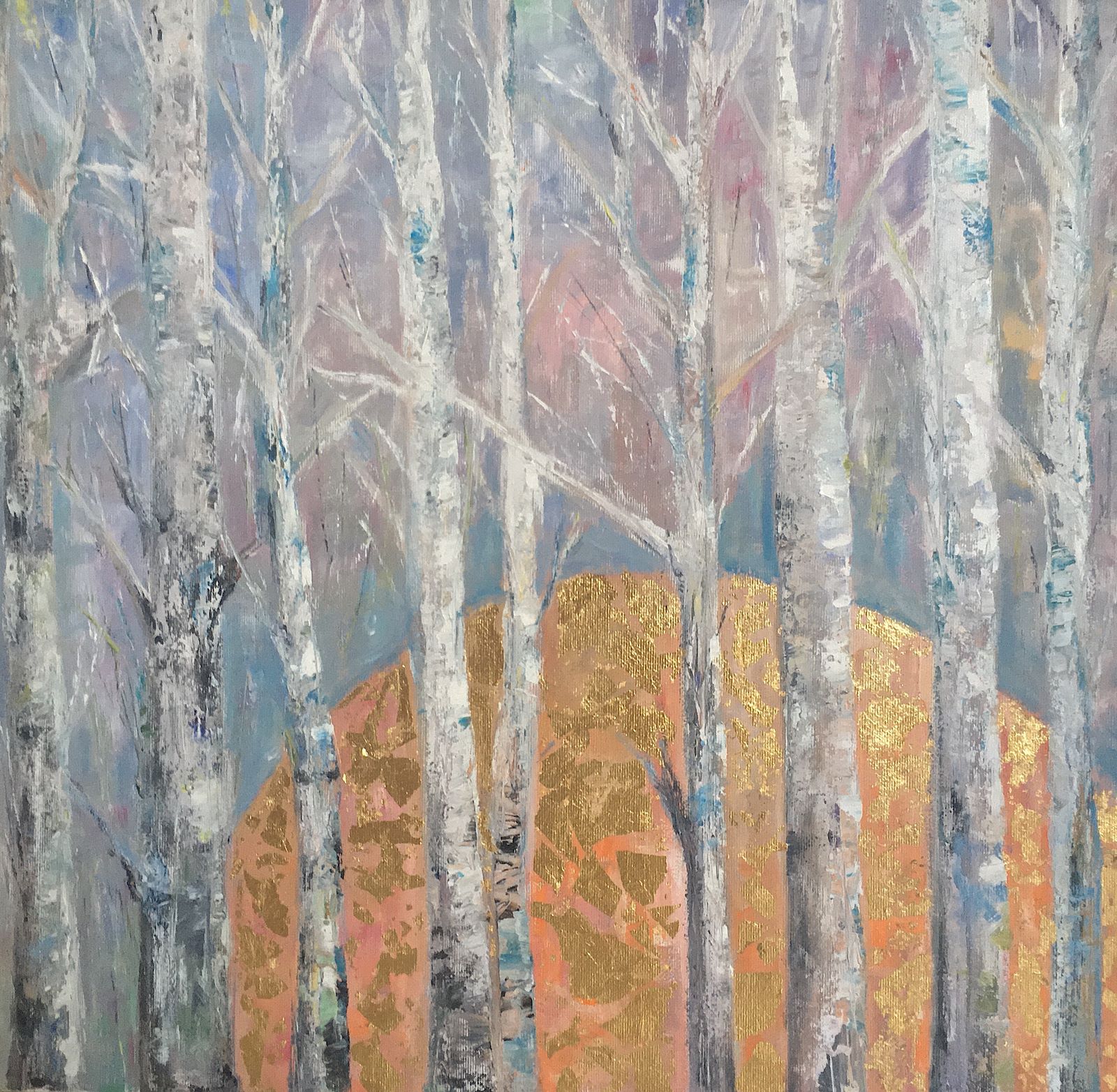 Sunrise in birch forest